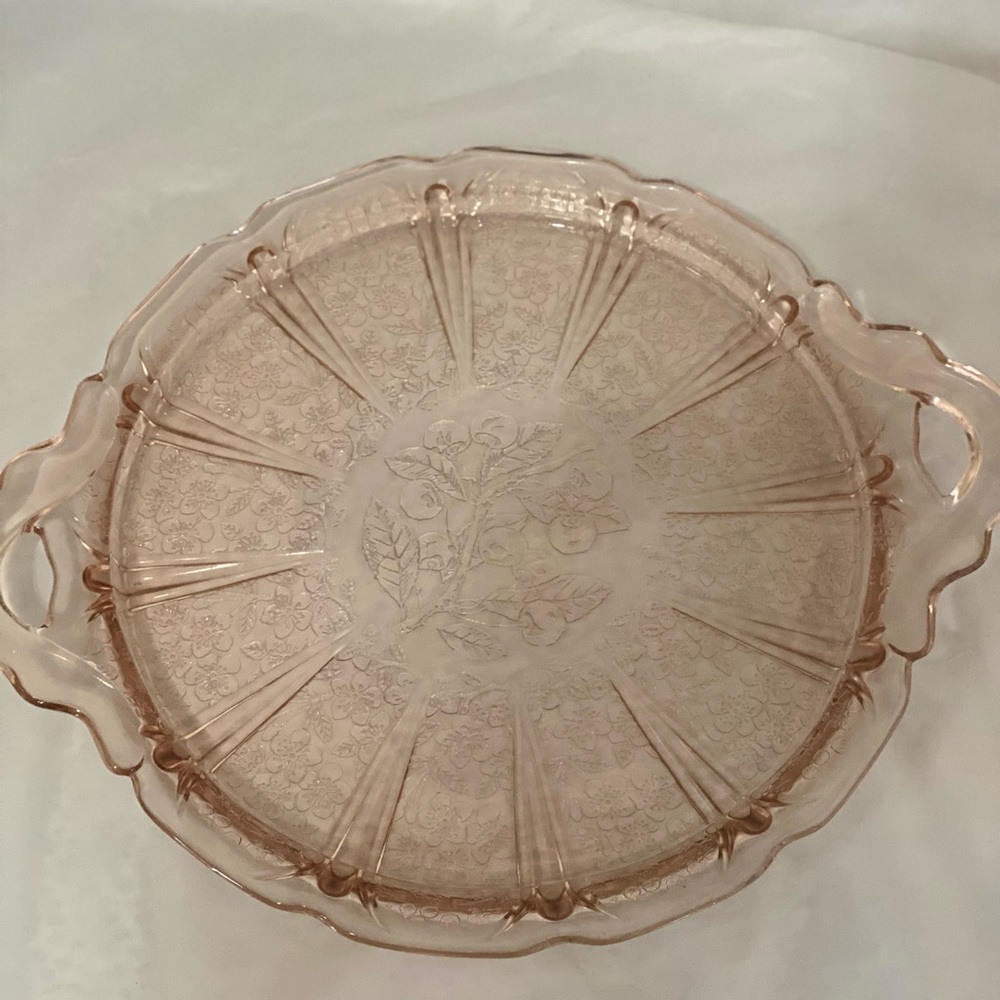 Pink Serving Tray Jeanette Depression glass Cherry Blossoms